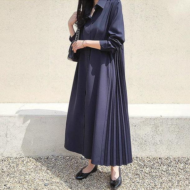 サイドプリーツロングワンピース﻿ 6189-navy-blue_お取り寄せ6189-画像10-韓国ファッション通販POPREA［ポップリア］