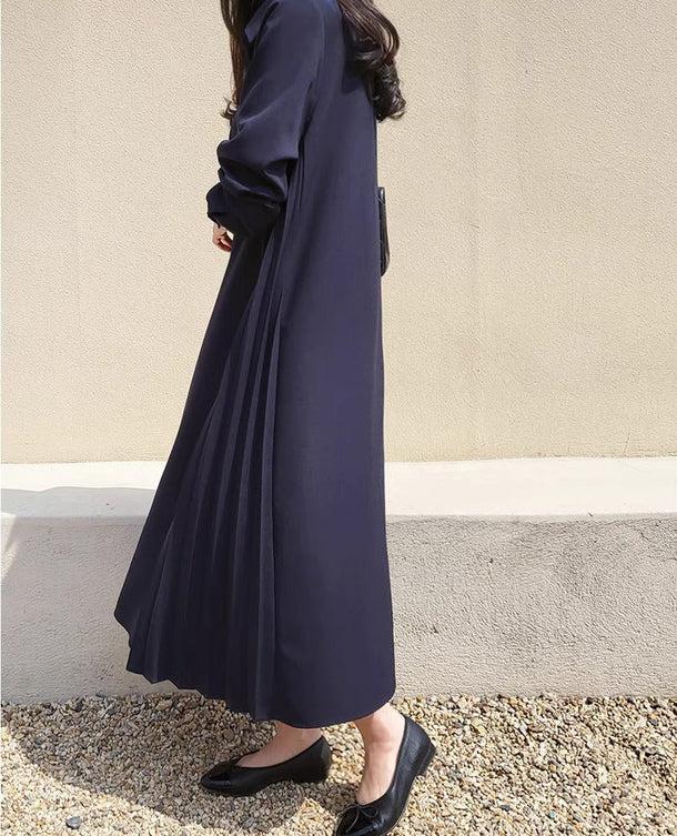 サイドプリーツロングワンピース﻿ 6189-navy-blue_お取り寄せ6189-画像11-韓国ファッション通販POPREA［ポップリア］