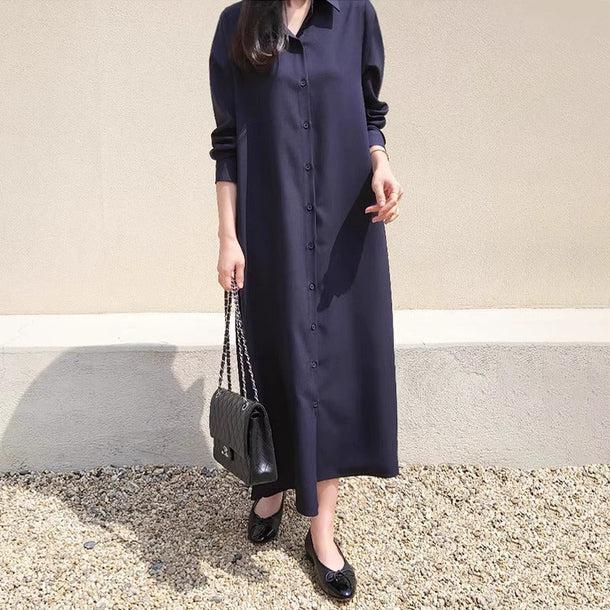 サイドプリーツロングワンピース﻿ 6189-navy-blue_お取り寄せ6189-画像2-韓国ファッション通販POPREA［ポップリア］