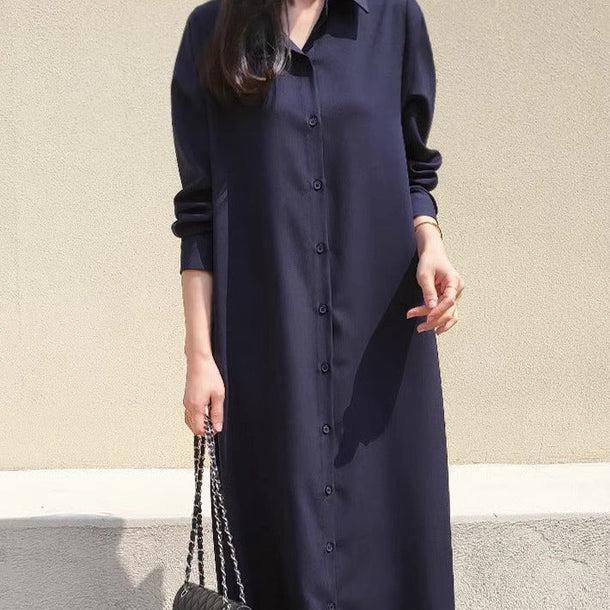 サイドプリーツロングワンピース﻿ 6189-navy-blue_お取り寄せ6189-画像3-韓国ファッション通販POPREA［ポップリア］