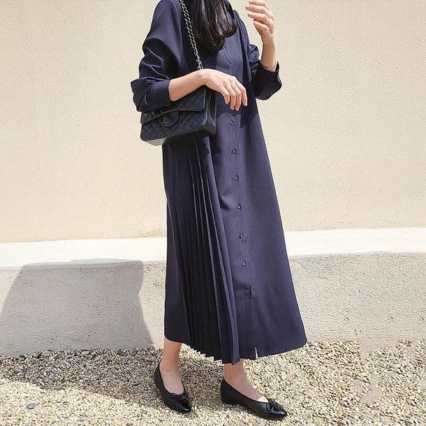 サイドプリーツロングワンピース﻿ 6189-navy-blue_お取り寄せ6189-画像4-韓国ファッション通販POPREA［ポップリア］