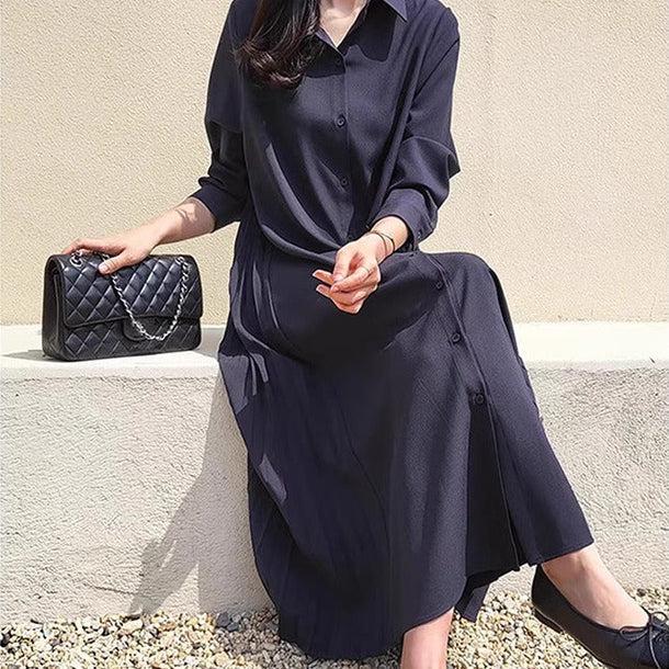 サイドプリーツロングワンピース﻿ 6189-navy-blue_お取り寄せ6189-画像5-韓国ファッション通販POPREA［ポップリア］