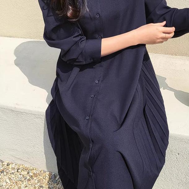 サイドプリーツロングワンピース﻿ 6189-navy-blue_お取り寄せ6189-画像6-韓国ファッション通販POPREA［ポップリア］