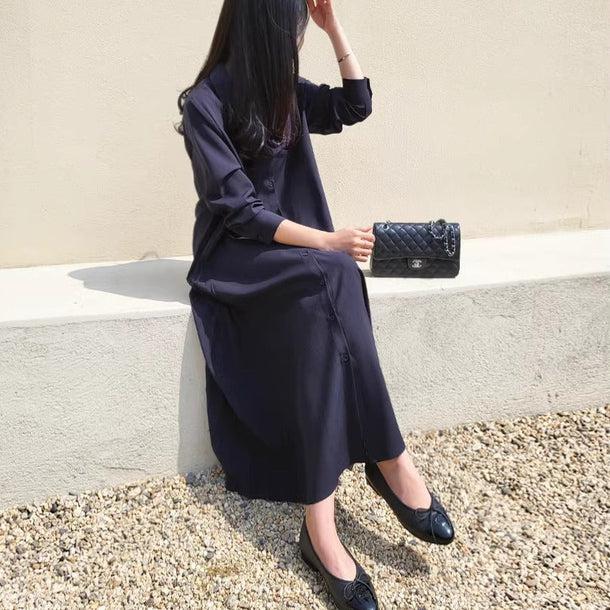 サイドプリーツロングワンピース﻿ 6189-navy-blue_お取り寄せ6189-画像7-韓国ファッション通販POPREA［ポップリア］