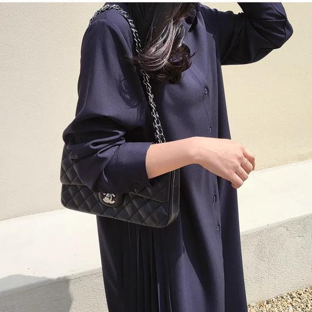 サイドプリーツロングワンピース﻿ 6189-navy-blue_お取り寄せ6189-画像9-韓国ファッション通販POPREA［ポップリア］