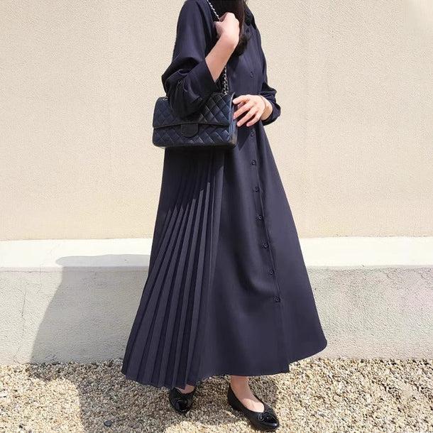 サイドプリーツロングワンピース﻿ 6189-navy-blue_お取り寄せ6189-画像1-韓国ファッション通販POPREA［ポップリア］