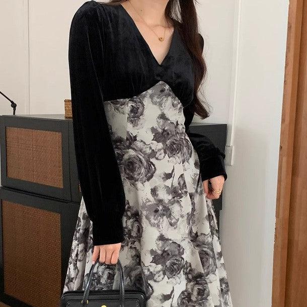 Vネック切り替えフラワーワンピース 6195-black_お取り寄せ6195-画像2-韓国ファッション通販POPREA［ポップリア］