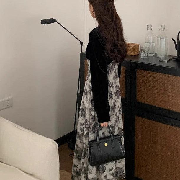 Vネック切り替えフラワーワンピース 6195-black_お取り寄せ6195-画像4-韓国ファッション通販POPREA［ポップリア］