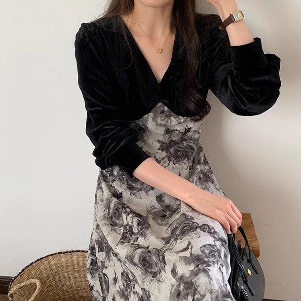 Vネック切り替えフラワーワンピース 6195-black_お取り寄せ6195-画像5-韓国ファッション通販POPREA［ポップリア］