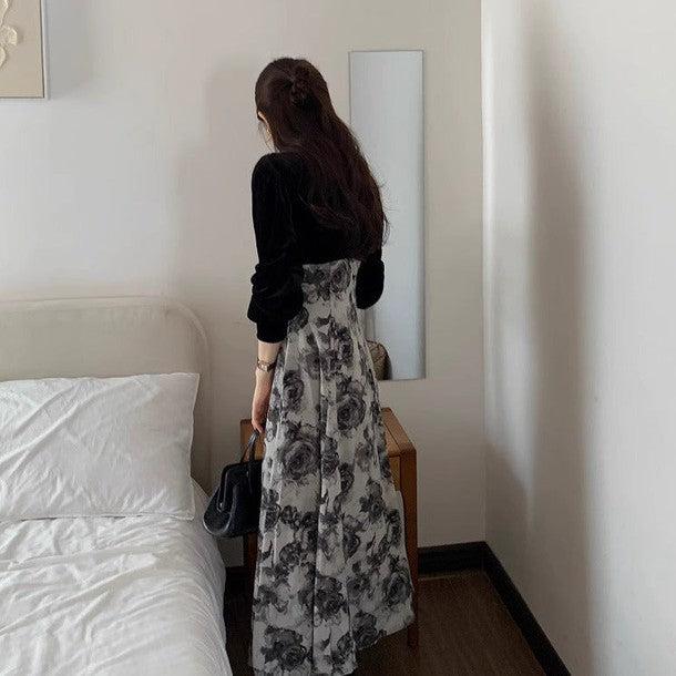 Vネック切り替えフラワーワンピース 6195-black_お取り寄せ6195-画像7-韓国ファッション通販POPREA［ポップリア］