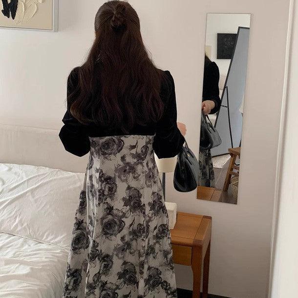 Vネック切り替えフラワーワンピース 6195-black_お取り寄せ6195-画像8-韓国ファッション通販POPREA［ポップリア］