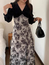 Vネック切り替えフラワーワンピース 6195-black_お取り寄せ6195-画像9-韓国ファッション通販POPREA［ポップリア］