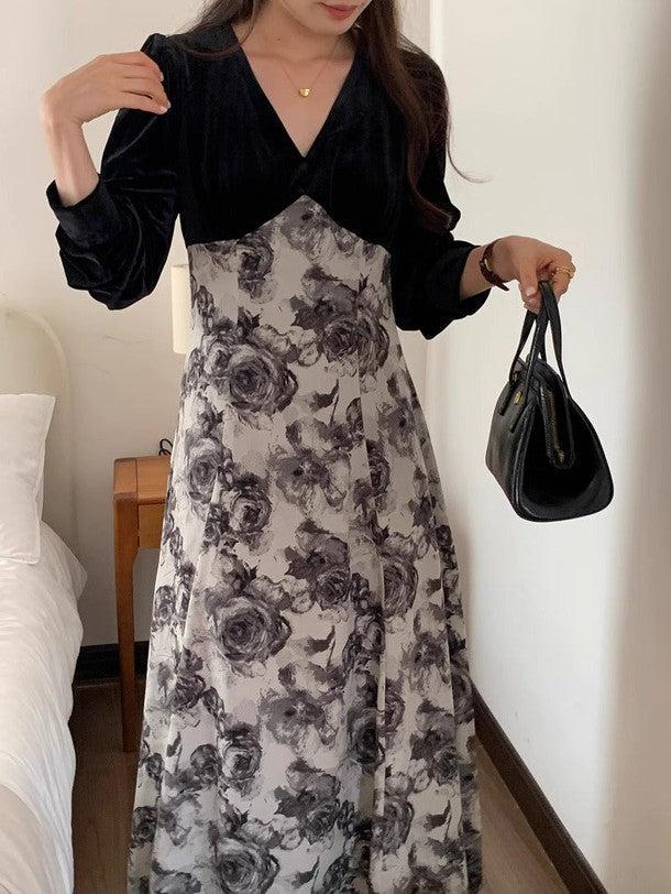 Vネック切り替えフラワーワンピース 6195-black_お取り寄せ6195-画像9-韓国ファッション通販POPREA［ポップリア］