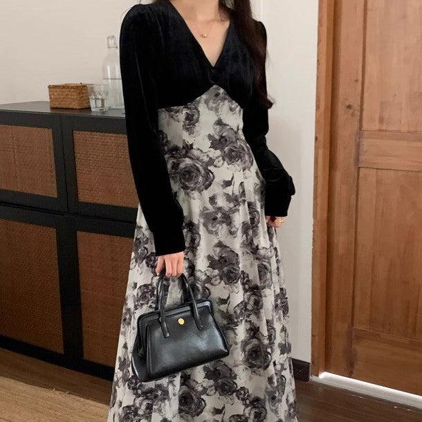 Vネック切り替えフラワーワンピース 6195-black_お取り寄せ6195-画像1-韓国ファッション通販POPREA［ポップリア］