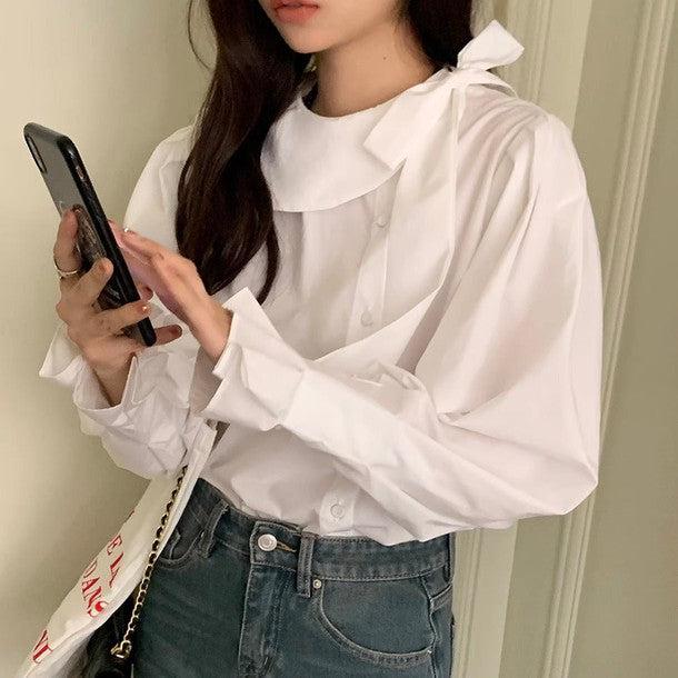 サイドリボンネックカラーブラウス﻿ 6212-white_お取り寄せ6212-画像10-韓国ファッション通販POPREA［ポップリア］