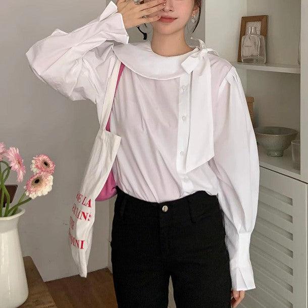 サイドリボンネックカラーブラウス﻿ 6212-white_お取り寄せ6212-画像2-韓国ファッション通販POPREA［ポップリア］