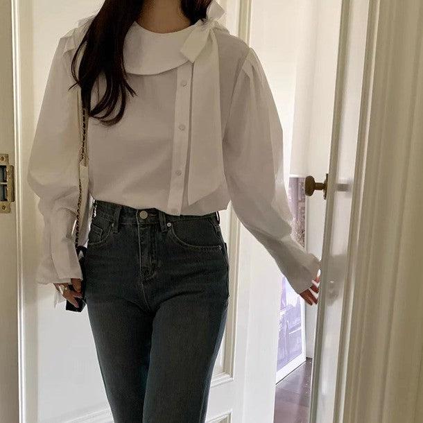 サイドリボンネックカラーブラウス﻿ 6212-white_お取り寄せ6212-画像3-韓国ファッション通販POPREA［ポップリア］