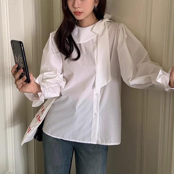 サイドリボンネックカラーブラウス﻿ 6212-white_お取り寄せ6212-画像4-韓国ファッション通販POPREA［ポップリア］