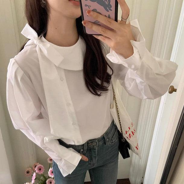 サイドリボンネックカラーブラウス﻿ 6212-white_お取り寄せ6212-画像5-韓国ファッション通販POPREA［ポップリア］