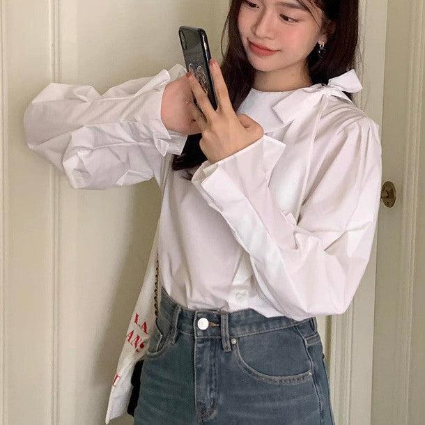 サイドリボンネックカラーブラウス﻿ 6212-white_お取り寄せ6212-画像6-韓国ファッション通販POPREA［ポップリア］