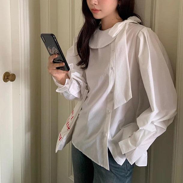 サイドリボンネックカラーブラウス﻿ 6212-white_お取り寄せ6212-画像7-韓国ファッション通販POPREA［ポップリア］