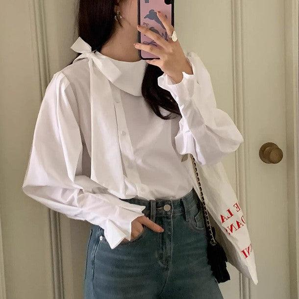 サイドリボンネックカラーブラウス﻿ 6212-white_お取り寄せ6212-画像1-韓国ファッション通販POPREA［ポップリア］