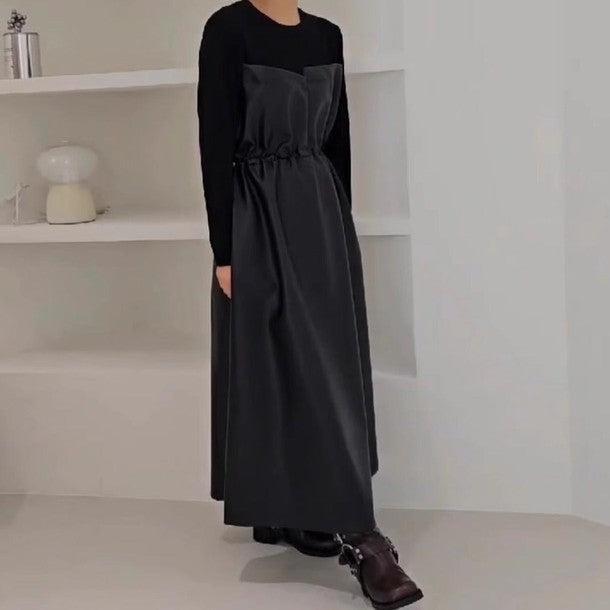 カットソードッキングフェイクレザーキャミワンピース﻿ 6223-black_お取り寄せ62232-画像4-韓国ファッション通販POPREA［ポップリア］