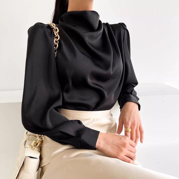 サテンタッチパフスリーブブラウス 6232-black_お取り寄せ6232-画像2-韓国ファッション通販POPREA［ポップリア］