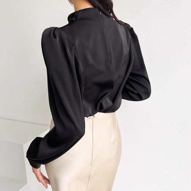 サテンタッチパフスリーブブラウス 6232-black_お取り寄せ6232-画像4-韓国ファッション通販POPREA［ポップリア］