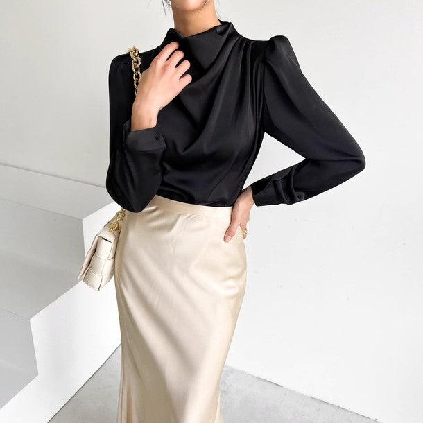 サテンタッチパフスリーブブラウス 6232-black_お取り寄せ6232-画像5-韓国ファッション通販POPREA［ポップリア］