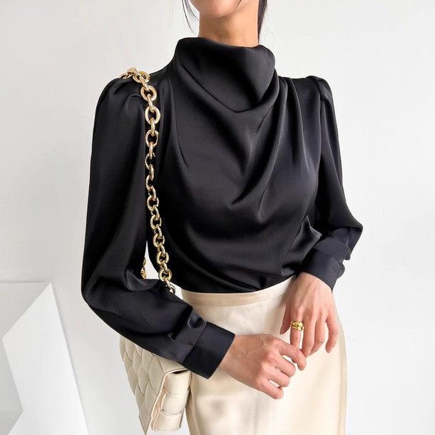 サテンタッチパフスリーブブラウス 6232-black_お取り寄せ6232-画像1-韓国ファッション通販POPREA［ポップリア］
