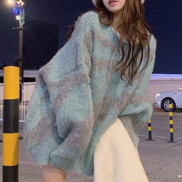 配色シャギーニットトップス﻿ 6248-blue_お取り寄せ6248-画像4-韓国ファッション通販POPREA［ポップリア］