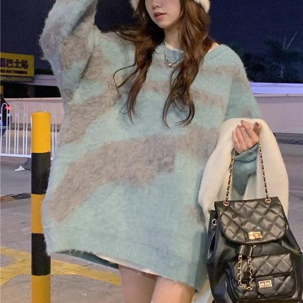 配色シャギーニットトップス﻿ 6248-blue_お取り寄せ6248-画像1-韓国ファッション通販POPREA［ポップリア］