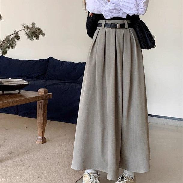 ベルト付きボックスプリーツロングスカート﻿﻿﻿ 6257-S/light-gray_お取り寄せ62574-画像1-韓国ファッション通販POPREA［ポップリア］
