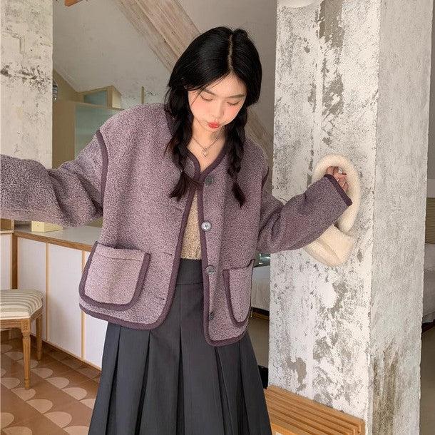 2ポケットノーカラーボアジャケット﻿﻿﻿﻿ 6260-purple_お取り寄せ62601-画像2-韓国ファッション通販POPREA［ポップリア］