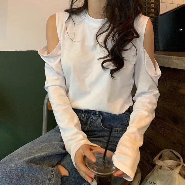 オープンショルダーロングTシャツ﻿﻿﻿﻿﻿ 6270-white_お取り寄せ62701-画像2-韓国ファッション通販POPREA［ポップリア］