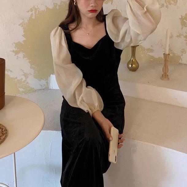 シースルースリーブハートネックワンピース 6289-black_お取り寄せ6289-画像12-韓国ファッション通販POPREA［ポップリア］