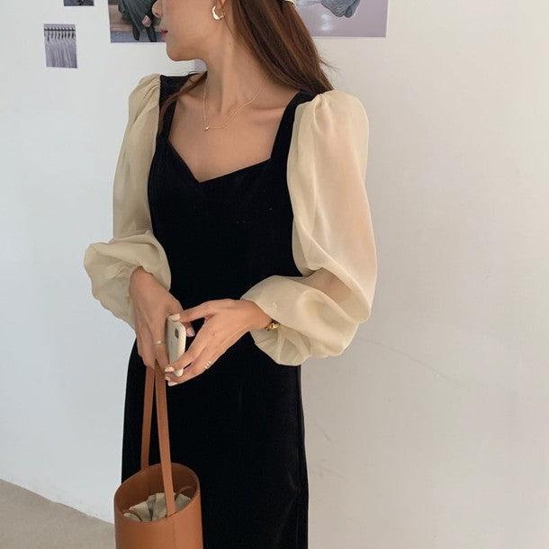 シースルースリーブハートネックワンピース 6289-black_お取り寄せ6289-画像2-韓国ファッション通販POPREA［ポップリア］