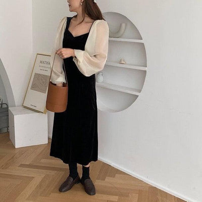 シースルースリーブハートネックワンピース 6289-black_お取り寄せ6289-画像3-韓国ファッション通販POPREA［ポップリア］