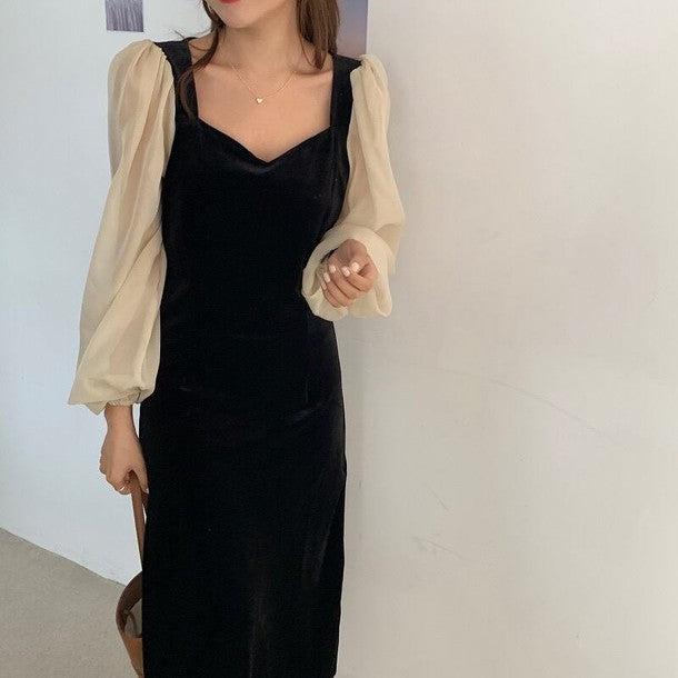 シースルースリーブハートネックワンピース 6289-black_お取り寄せ6289-画像4-韓国ファッション通販POPREA［ポップリア］