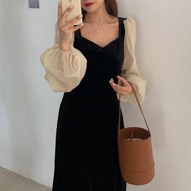 シースルースリーブハートネックワンピース 6289-black_お取り寄せ6289-画像5-韓国ファッション通販POPREA［ポップリア］