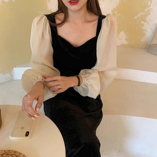 シースルースリーブハートネックワンピース 6289-black_お取り寄せ6289-画像9-韓国ファッション通販POPREA［ポップリア］