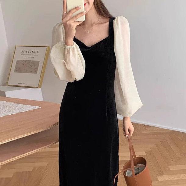 シースルースリーブハートネックワンピース 6289-black_お取り寄せ6289-画像1-韓国ファッション通販POPREA［ポップリア］