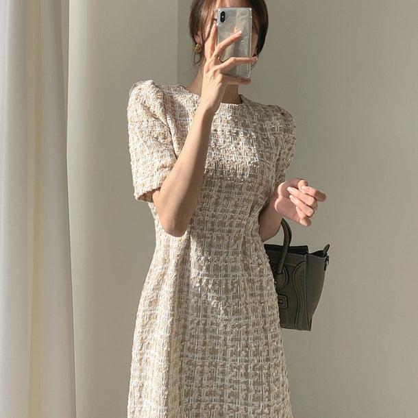 パフスリーブツイードミニワンピース 6299-ivory_お取り寄せ6299-画像2-韓国ファッション通販POPREA［ポップリア］