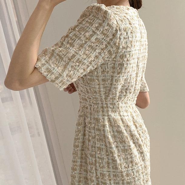 パフスリーブツイードミニワンピース 6299-ivory_お取り寄せ6299-画像5-韓国ファッション通販POPREA［ポップリア］