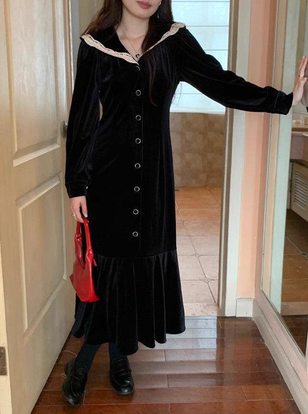 レース襟セーラーカラーロングワンピース 6301-black_お取り寄せ6301-画像11-韓国ファッション通販POPREA［ポップリア］