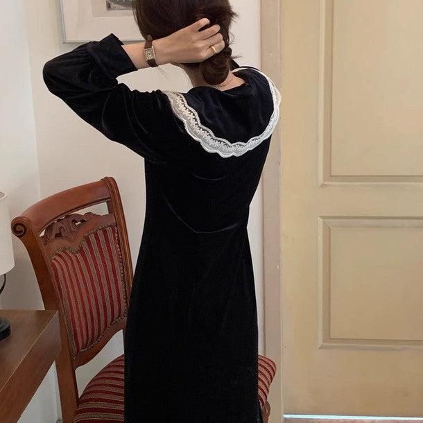 レース襟セーラーカラーロングワンピース 6301-black_お取り寄せ6301-画像12-韓国ファッション通販POPREA［ポップリア］