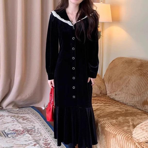 レース襟セーラーカラーロングワンピース 6301-black_お取り寄せ6301-画像2-韓国ファッション通販POPREA［ポップリア］