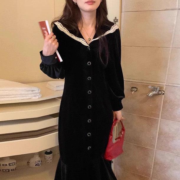 レース襟セーラーカラーロングワンピース 6301-black_お取り寄せ6301-画像4-韓国ファッション通販POPREA［ポップリア］