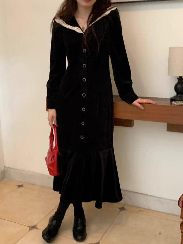 レース襟セーラーカラーロングワンピース 6301-black_お取り寄せ6301-画像5-韓国ファッション通販POPREA［ポップリア］